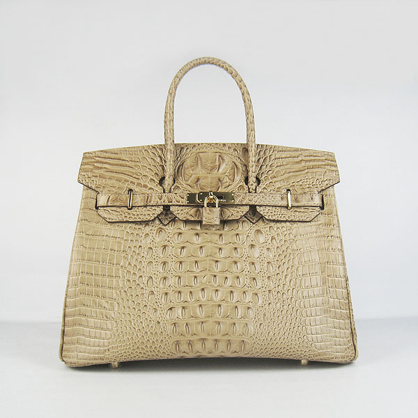 High Quality Fake Hermes Birkin 35CM Crocodile Head Veins Leather Bag Apricot 6089 - Click Image to Close